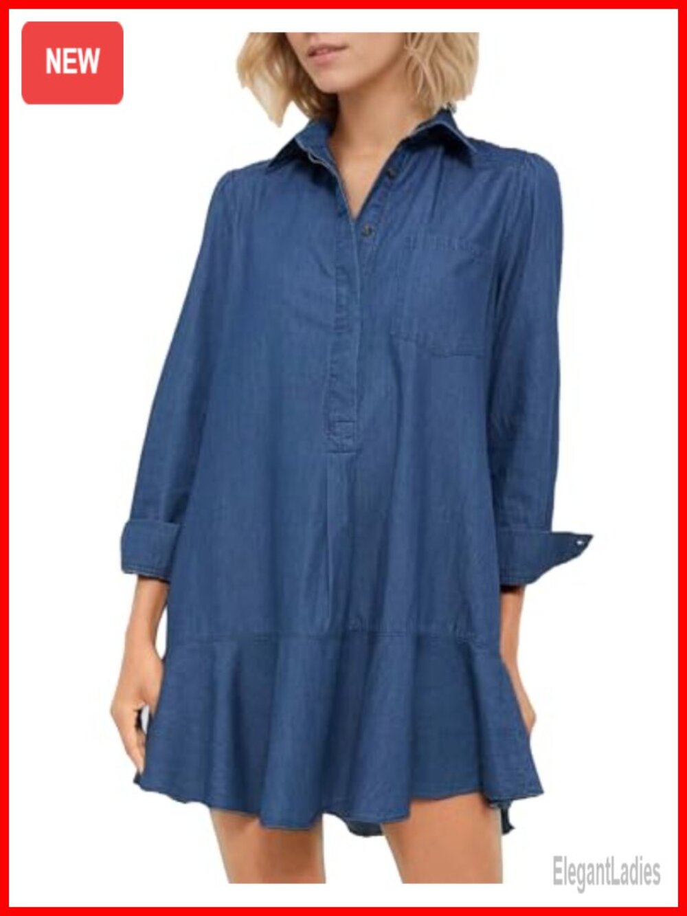 Long Sleeve Denim Shirt Dress Button Down Ruffle Flowy Mini Drop Waist